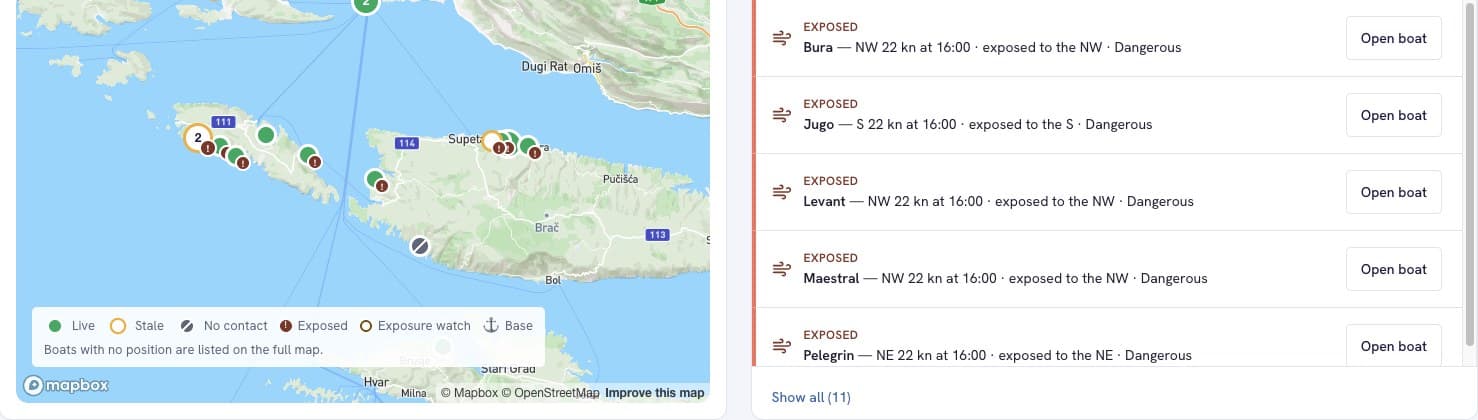 Bova exposure watch: boats flagged on the map around Šolta and Brač, and a list of exposed boats such as Bura, NW 22 kn at 16:00, exposed to the NW, Dangerous
