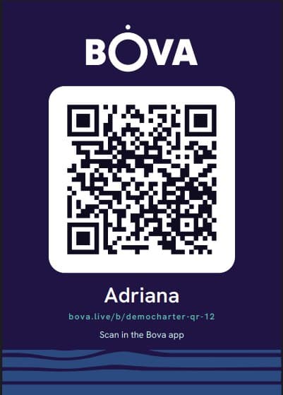 A printed Bova boat sticker for the boat Adriana with a QR code and the link bova.live/b/democharter-qr-12