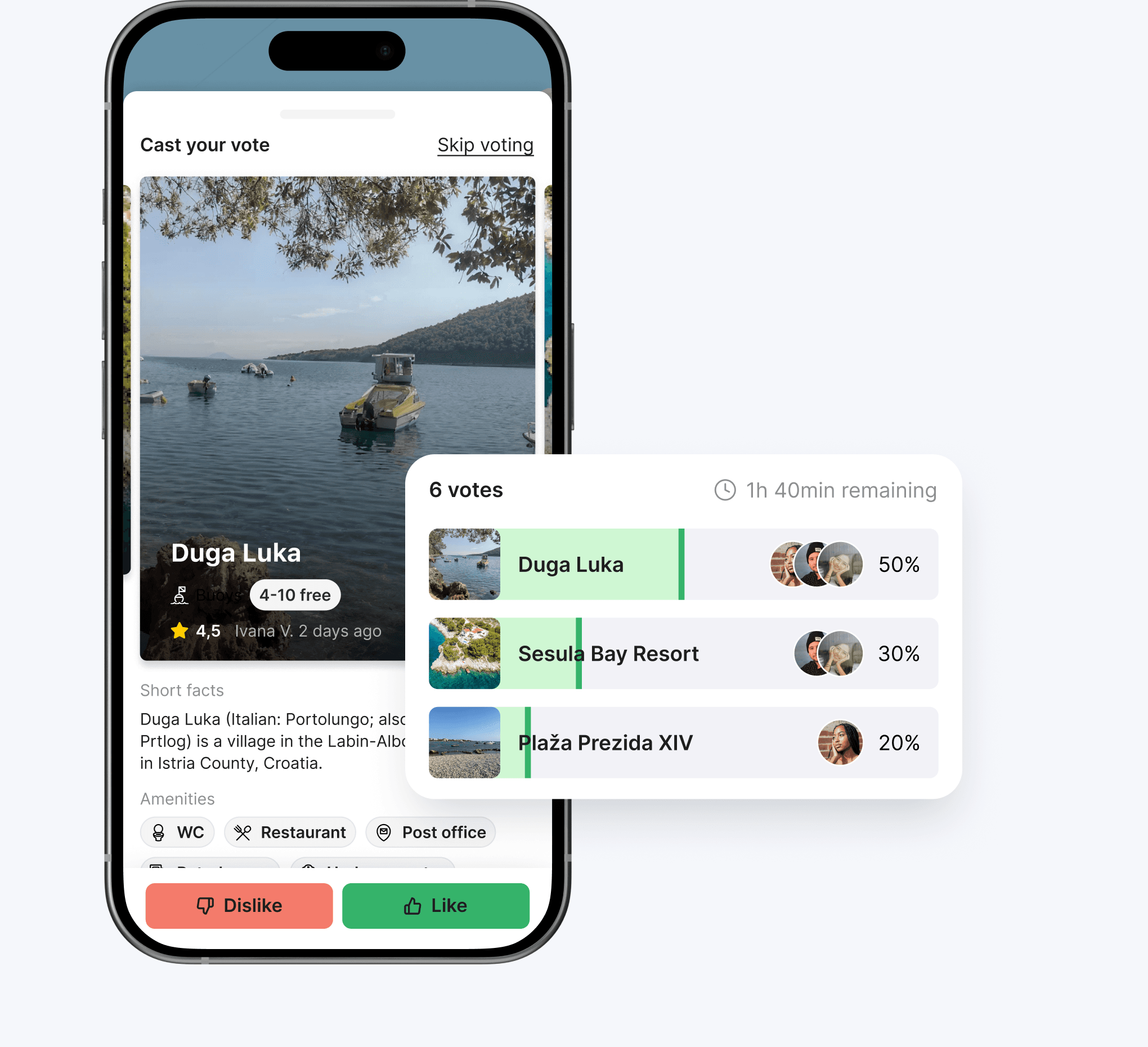 The Bova app crew-voting screen with live results — Duga Luka leading at 50%