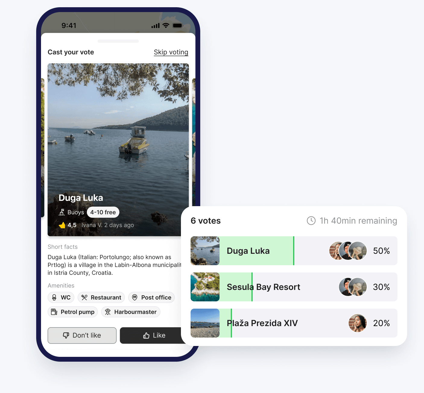 The Bova app crew-voting screen with live results — Duga Luka leading at 50%
