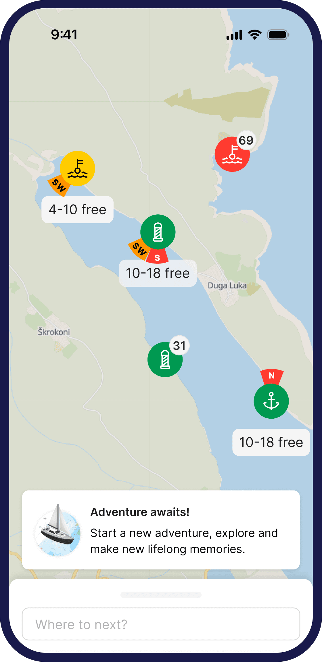 The Bova app showing live occupancy on a map of the Croatian Adriatic