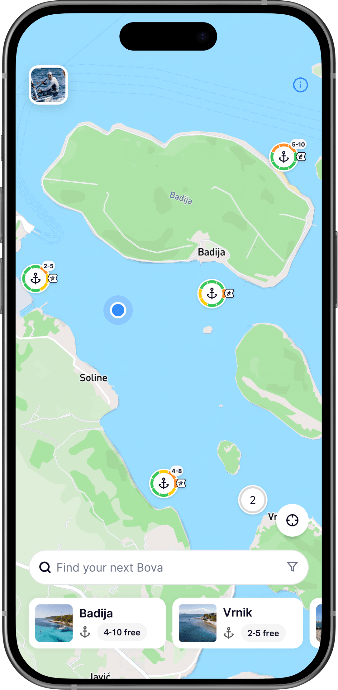 The Bova app showing live occupancy on a map of the Croatian Adriatic