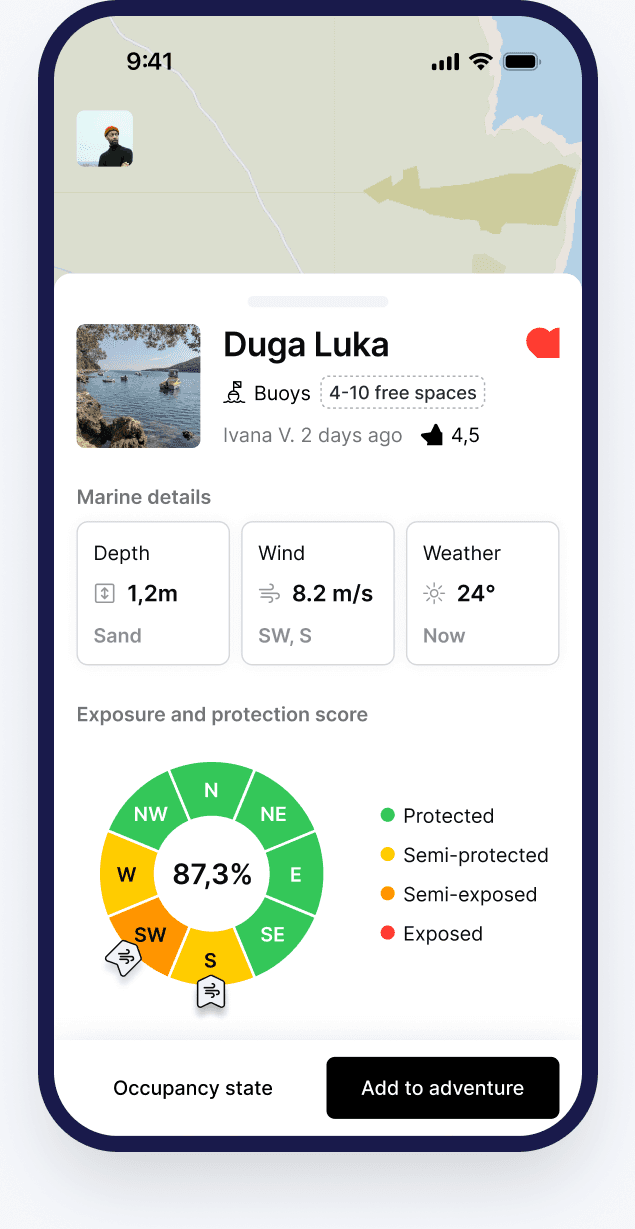 The Bova destination detail for Duga Luka with depth, wind, weather and a protection score
