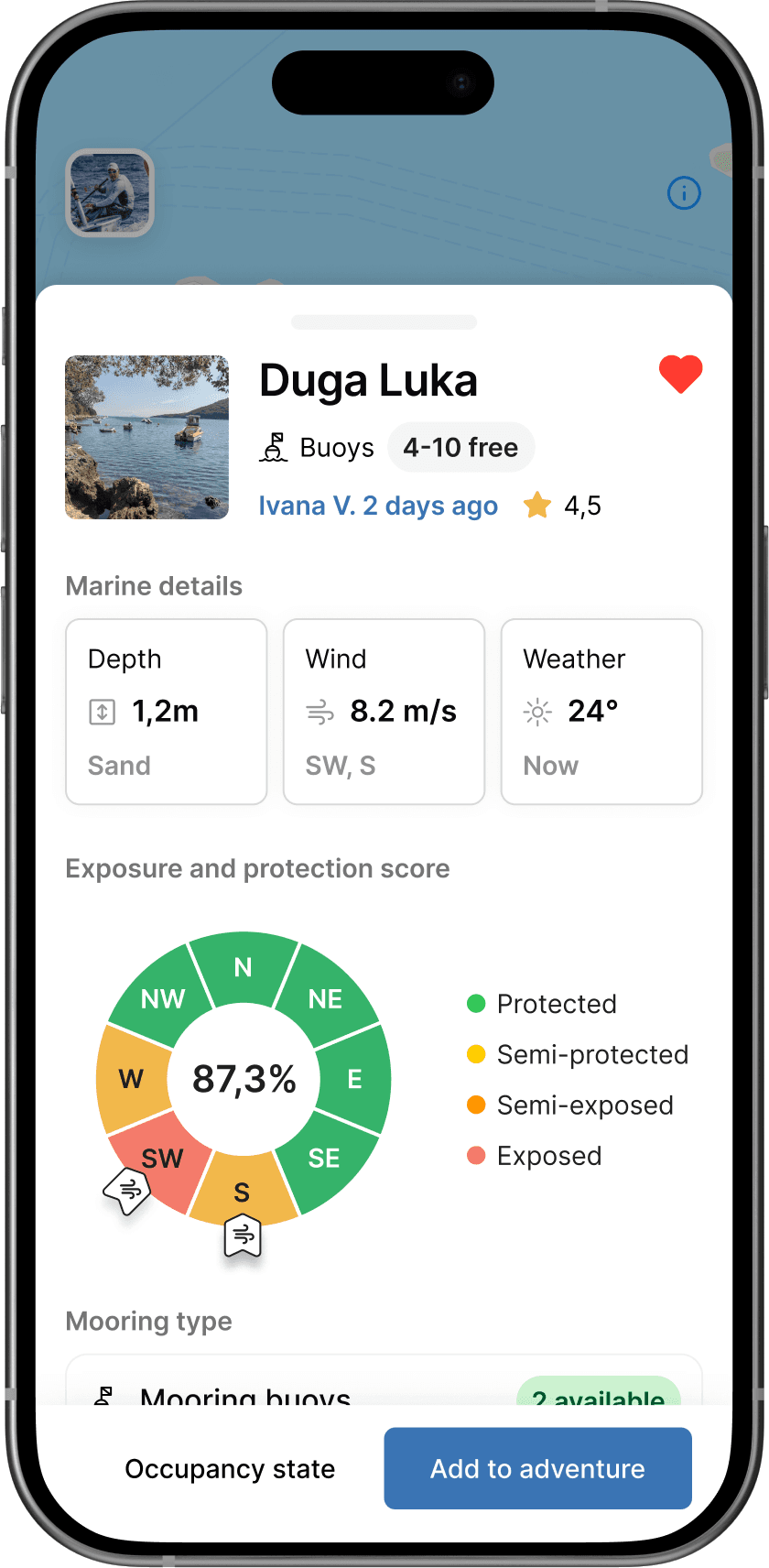 The Bova destination detail for Duga Luka with depth, wind, weather and a protection score