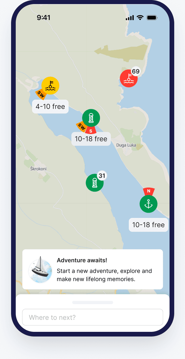 The Bova app map screen showing live occupancy pins for anchorages near Duga Luka