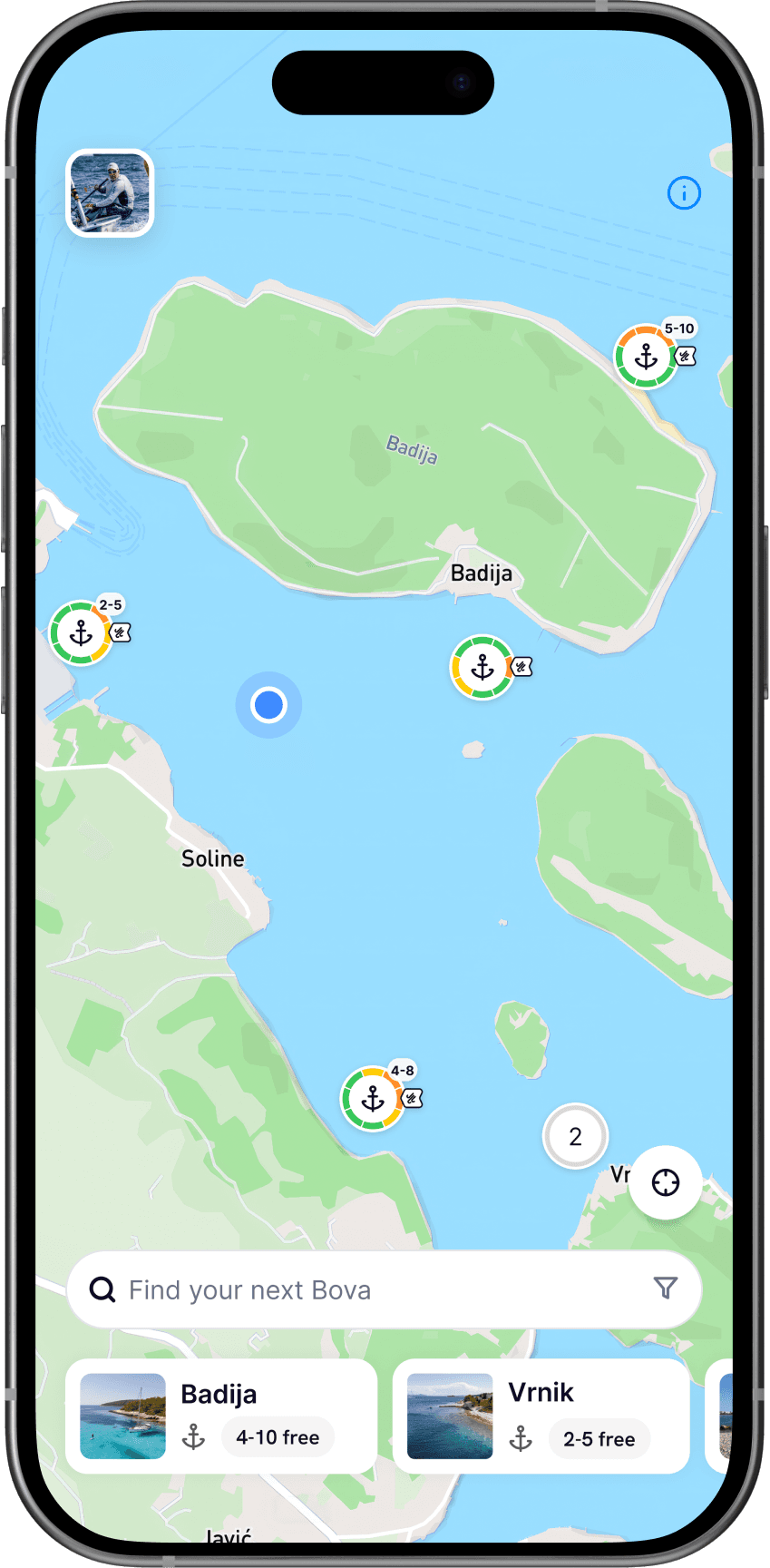 The Bova app map screen showing live occupancy pins for anchorages around Badija and Vrnik