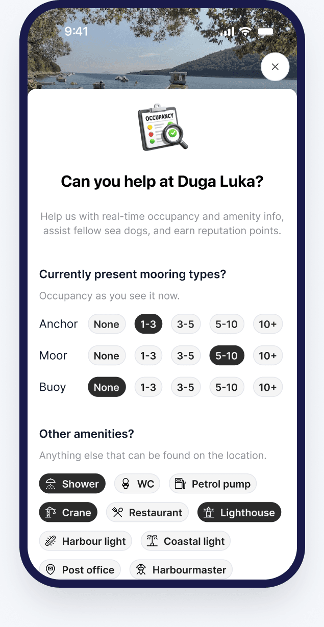 The Bova report prompt asking which mooring types and amenities are present at Duga Luka