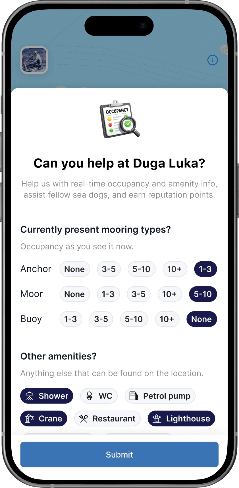 The Bova report prompt asking which mooring types and amenities are present at Duga Luka